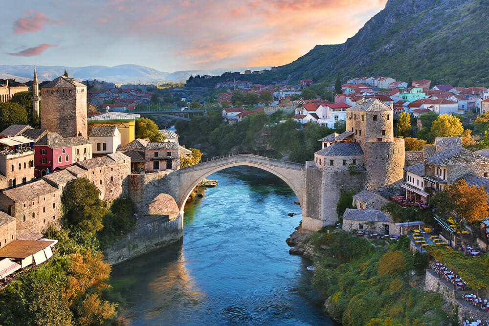 Historical Mostar Bridge known also as Stari Most or Old Bridge in Mostar